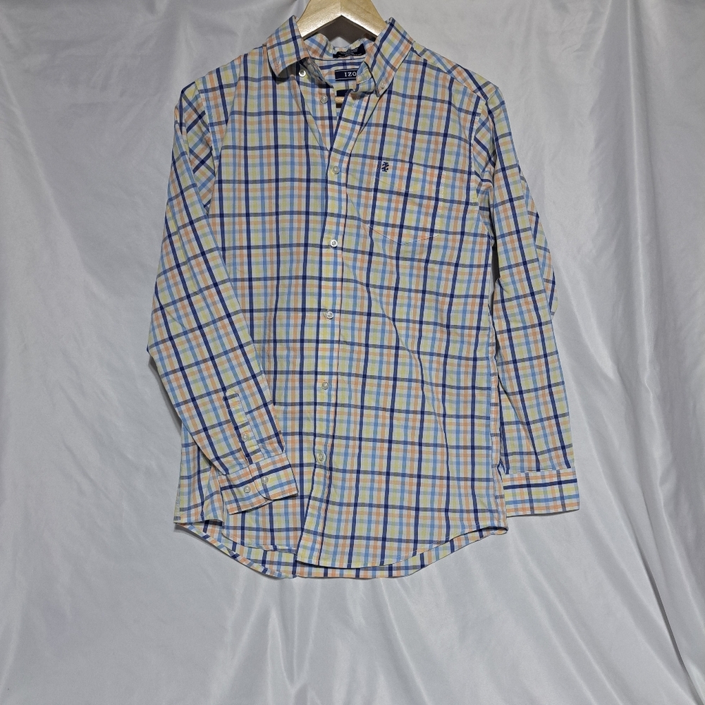 Izod Big Boys Plaid Button Down Collar Dress Shirt Size XL 18/20 Blue Orange Yel